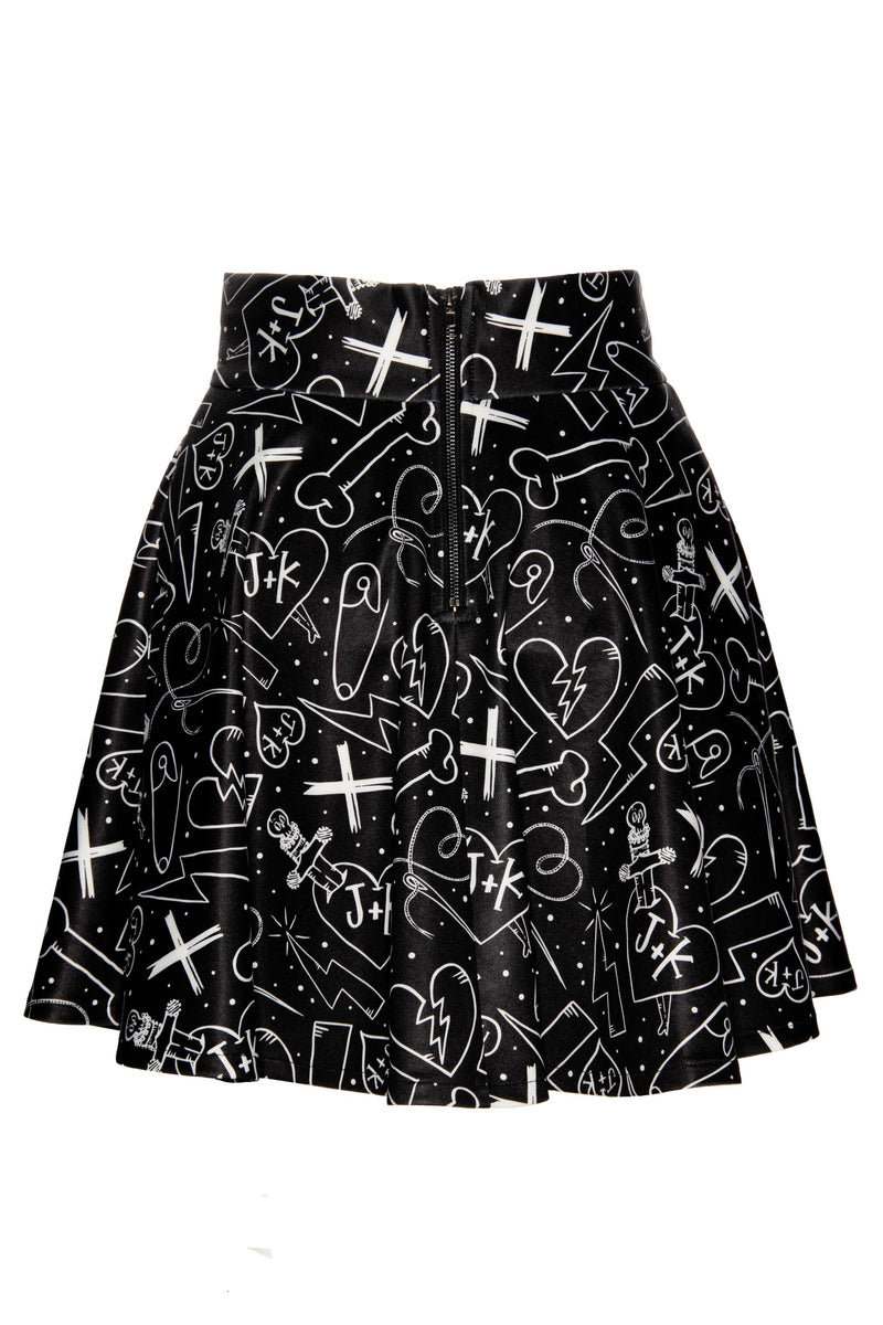 skater skirts are back, now upgraded and better than ever. Made from our signature high-stretch polyester blend, these skirts showcase vibrant Graffiti graphics created by renowned artist Jessica Louise