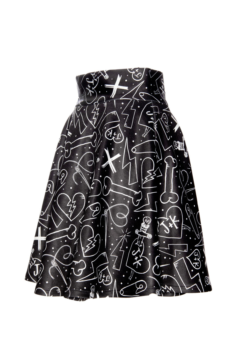 skater skirts are back, now upgraded and better than ever. Made from our signature high-stretch polyester blend, these skirts showcase vibrant Graffiti graphics created by renowned artist Jessica Louise