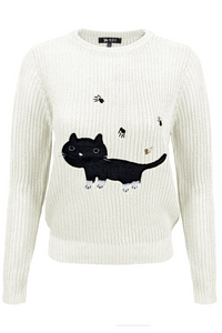 Black Cat Applique Crewneck Long Sleeve Pullover Casual Knit Sweater