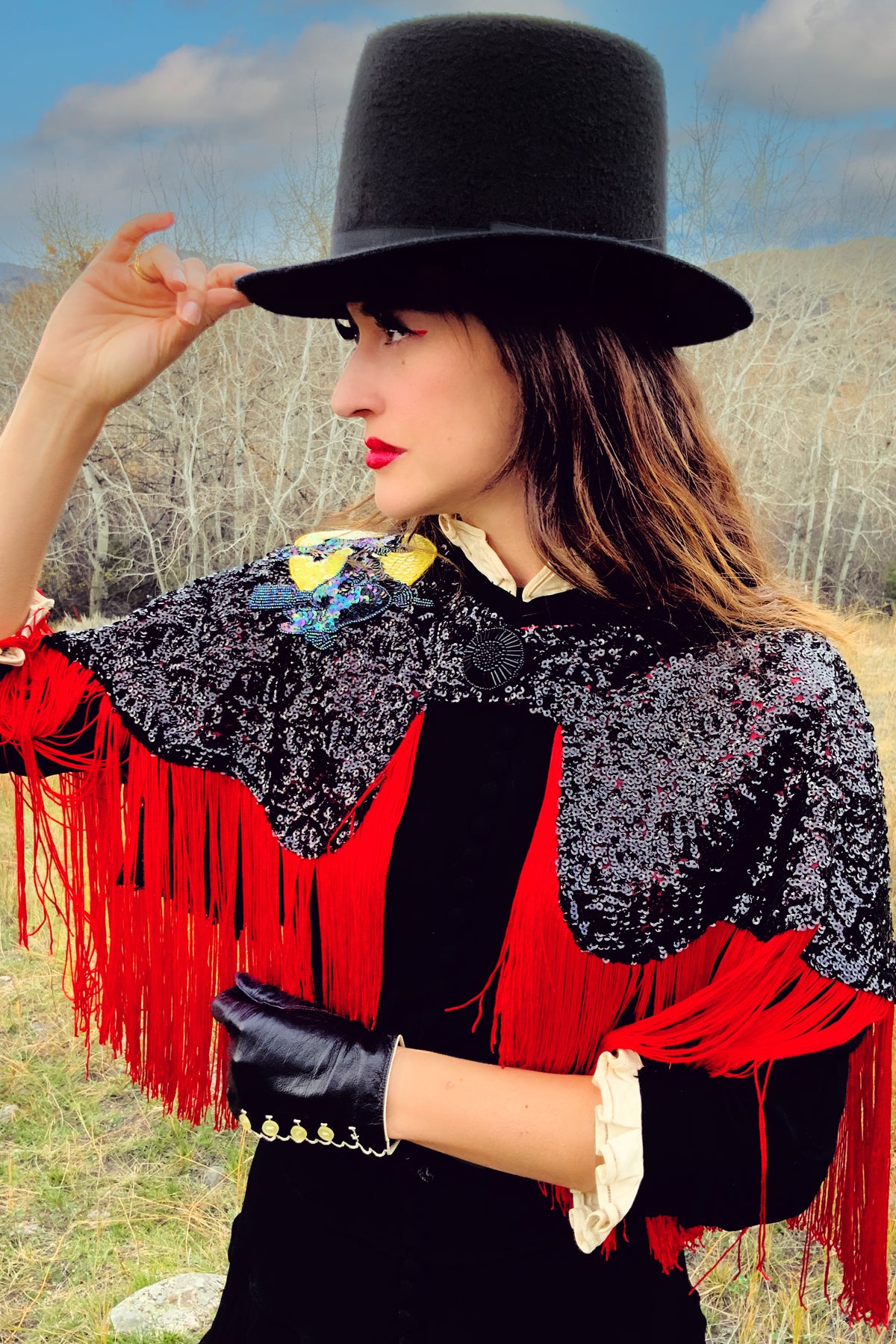 sequin fringe cape with witch appliquw