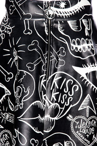 Get ready to rock out in style with our Moto Skater Skirt! Featuring bold Graffiti artwork by Jessica Louise, this high-waisted skirt is a statement piece that exudes attitude and flair.