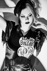 Jessica Louise Everything Is Bullshit Bodysuit in stretch Lycra with chainette fringe and back metal zipper, handmade in Los Angeles