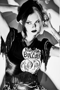 Jessica Louise Everything Is Bullshit Bodysuit in stretch Lycra with chainette fringe and back metal zipper, handmade in Los Angeles