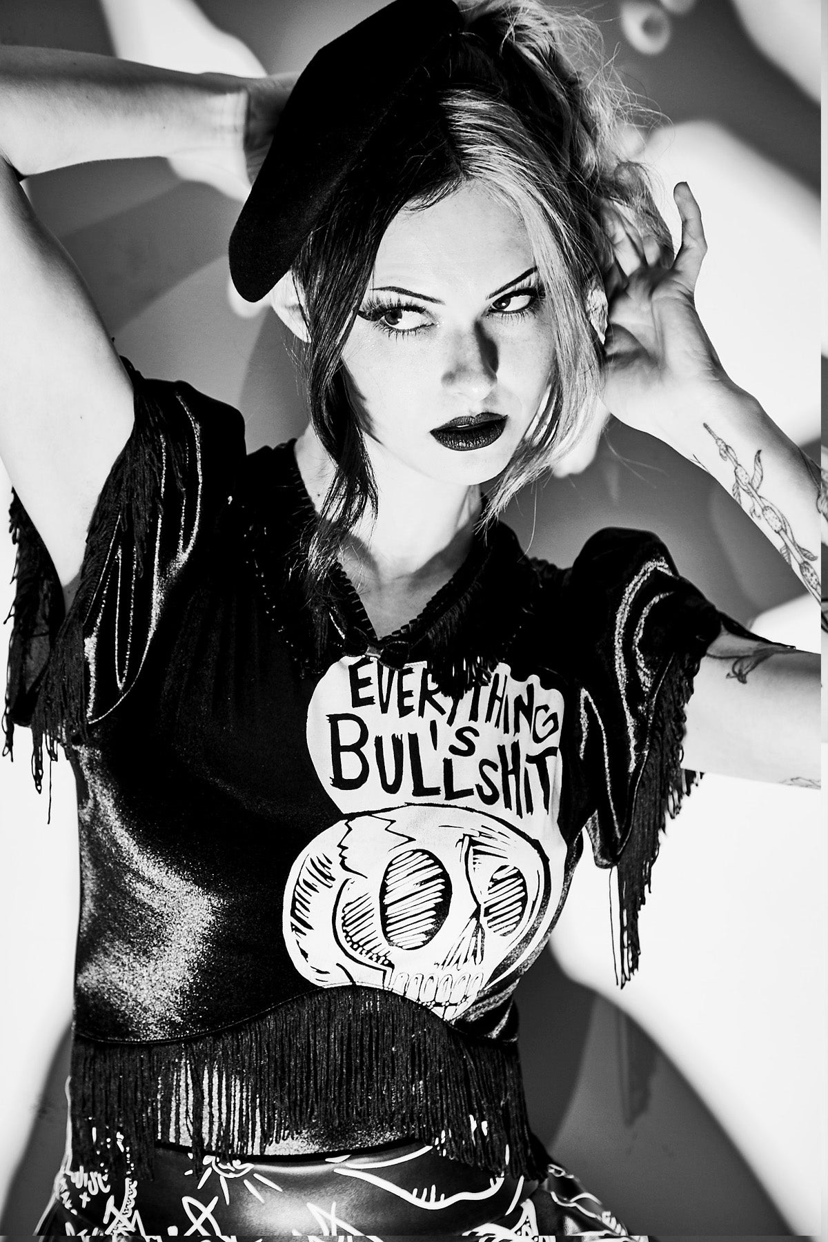 Jessica Louise Everything Is Bullshit Bodysuit in stretch Lycra with chainette fringe and back metal zipper, handmade in Los Angeles