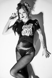 Jessica Louise Everything Is Bullshit Bodysuit in stretch Lycra with chainette fringe and back metal zipper, handmade in Los Angeles