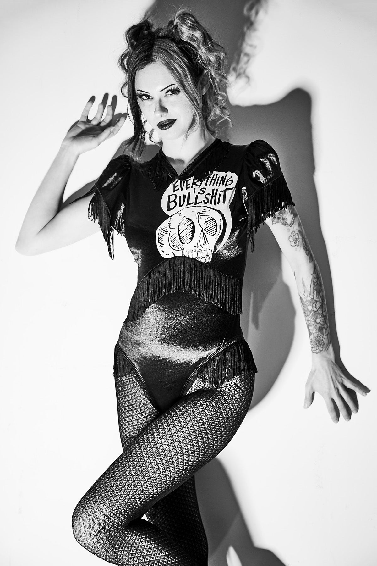 Jessica Louise Everything Is Bullshit Bodysuit in stretch Lycra with chainette fringe and back metal zipper, handmade in Los Angeles