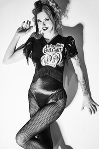 Jessica Louise Everything Is Bullshit Bodysuit in stretch Lycra with chainette fringe and back metal zipper, handmade in Los Angeles