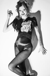 Jessica Louise Everything Is Bullshit Bodysuit in stretch Lycra with chainette fringe and back metal zipper, handmade in Los Angeles