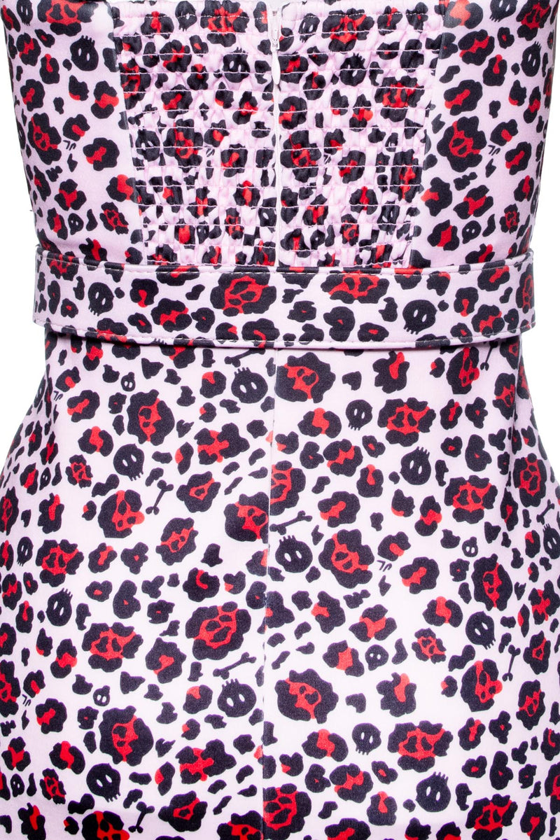 Pink skull leopard pencil dress with adjustable straps and ruched back Jessica Louise X Katakomb