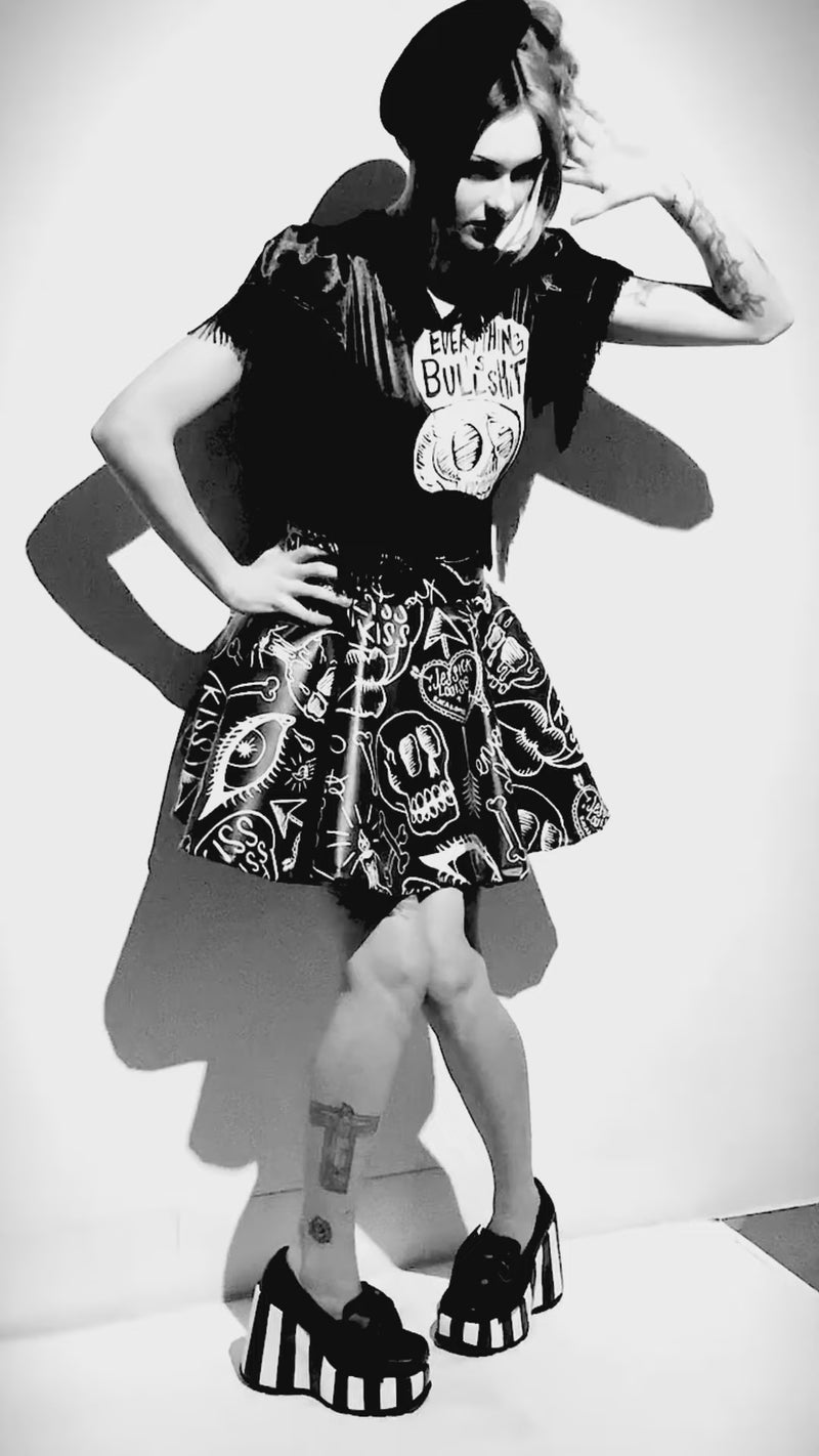 Jessica Louise Everything Is Bullshit Bodysuit in stretch Lycra with chainette fringe and back metal zipper, handmade in Los Angeles