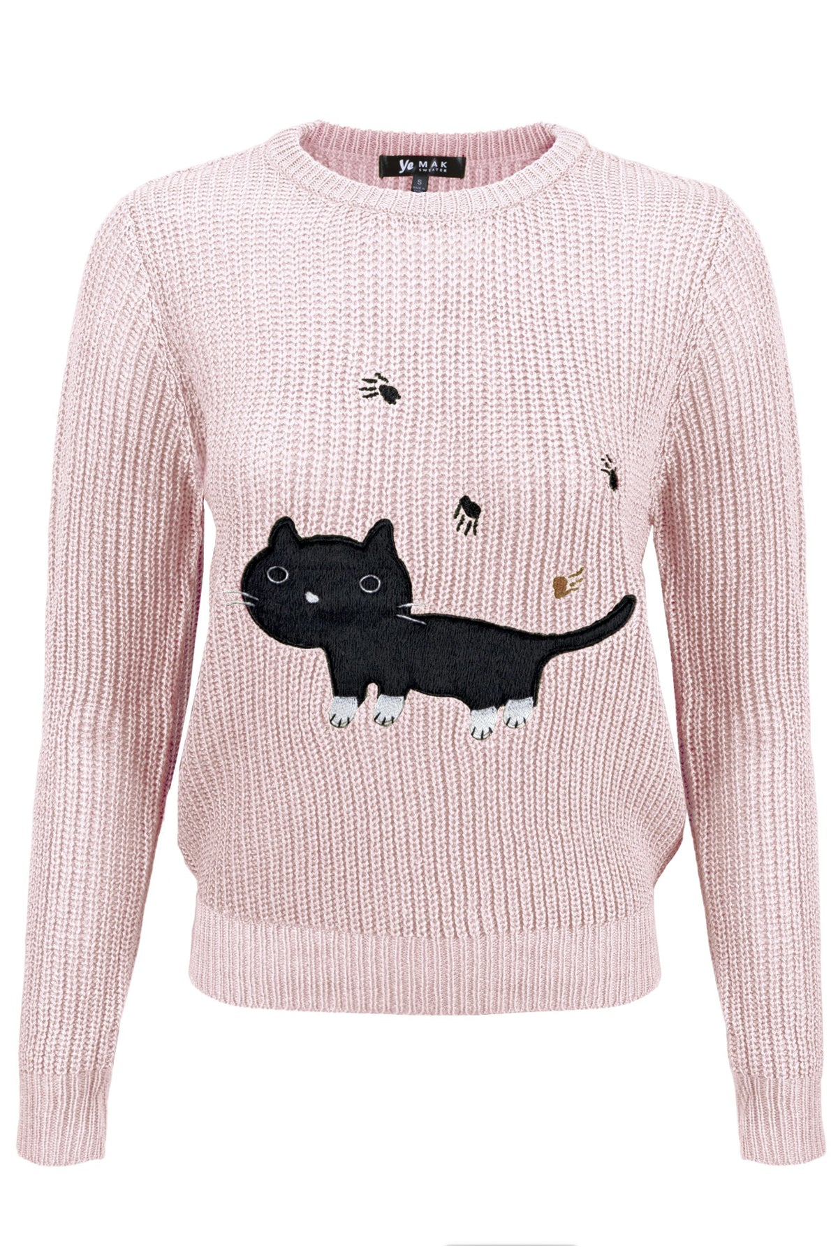 Black Cat Applique Crewneck Long Sleeve Pullover Casual Knit Sweater Pink - shopjessicalouise.com