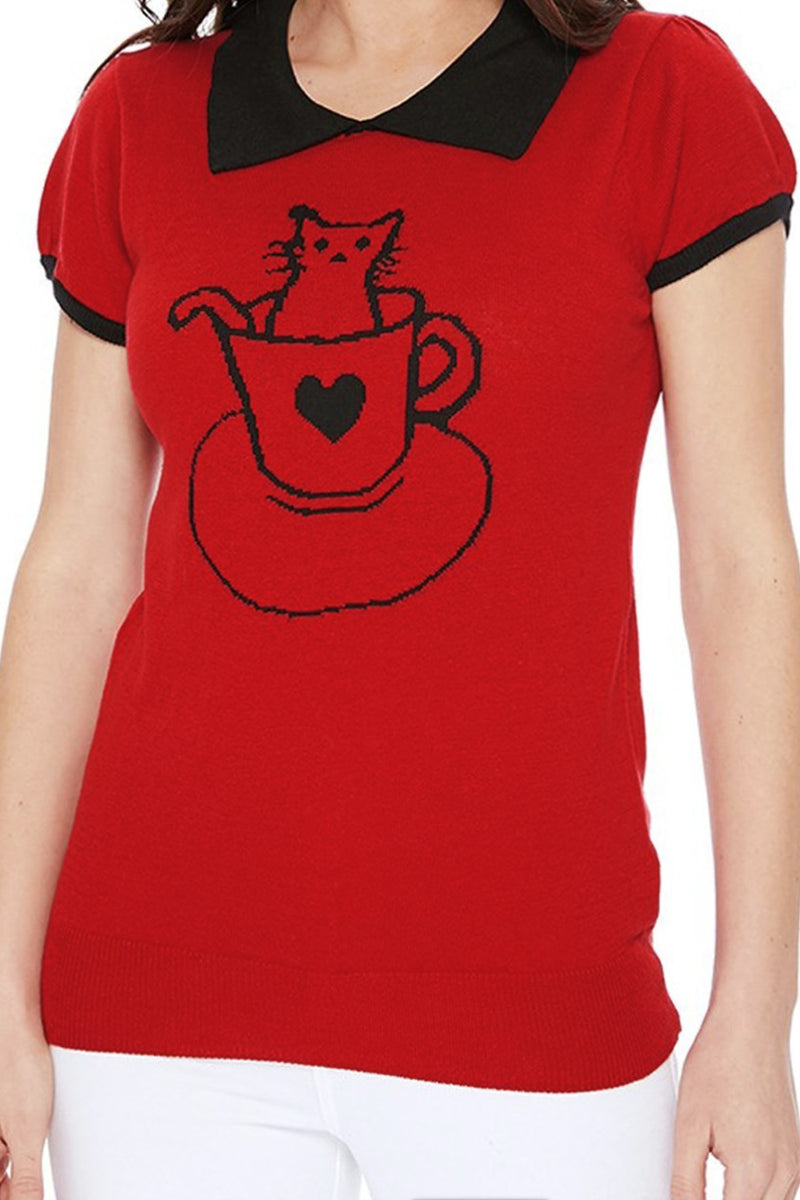 Pointed Collar Cat Tea Cup Short Sleeves Casual Pullover Sweater Red - shopjessicalouise.com