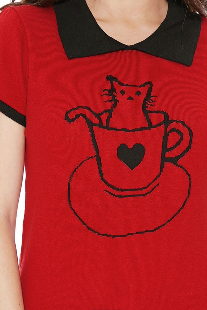 Pointed Collar Cat Tea Cup Short Sleeves Casual Pullover Sweater Red - shopjessicalouise.com