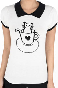 Pointed Collar Cat Tea Cup Short Sleeves Casual Pullover Sweater White - shopjessicalouise.com