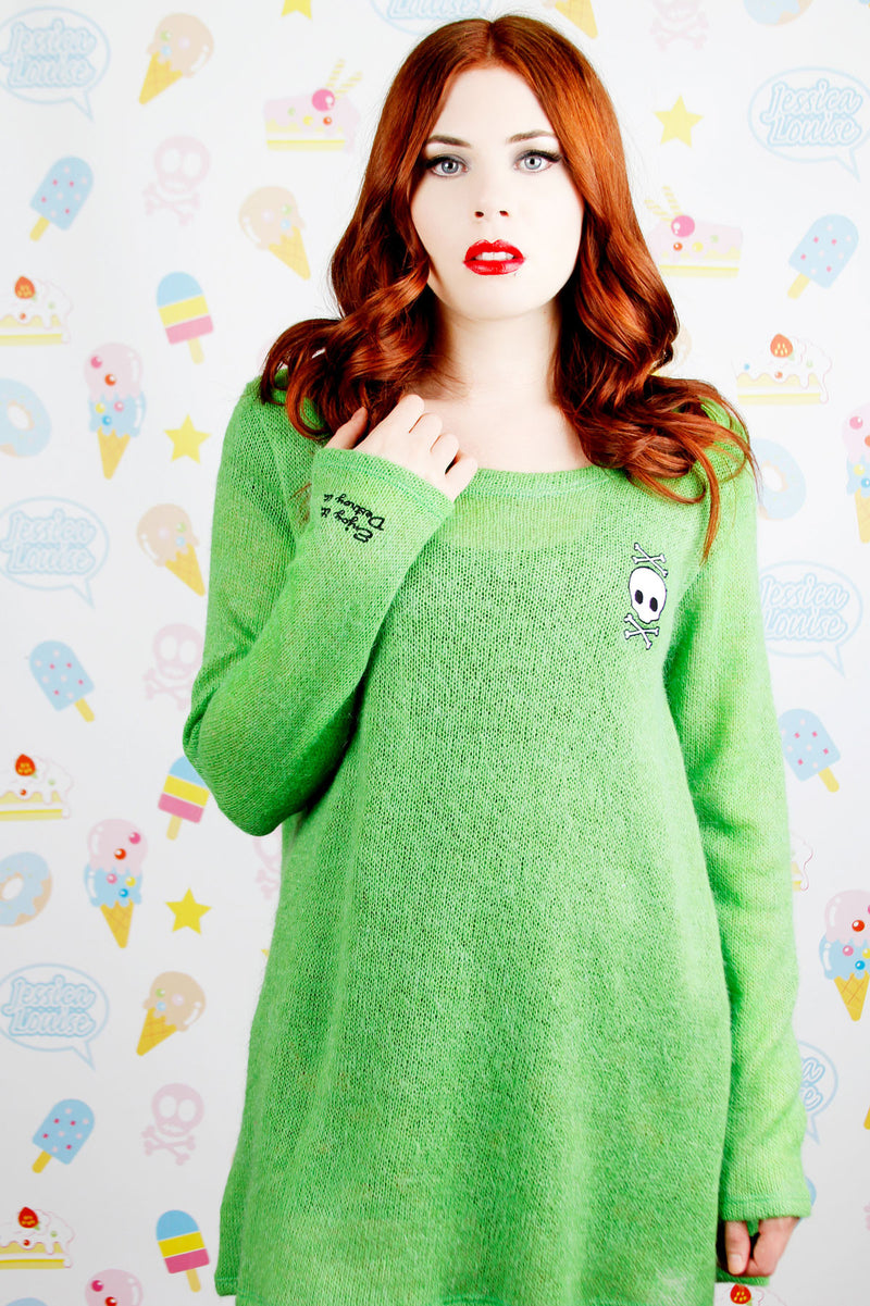 Oversize Green Wool Pullover with Embroideries - shopjessicalouise.com