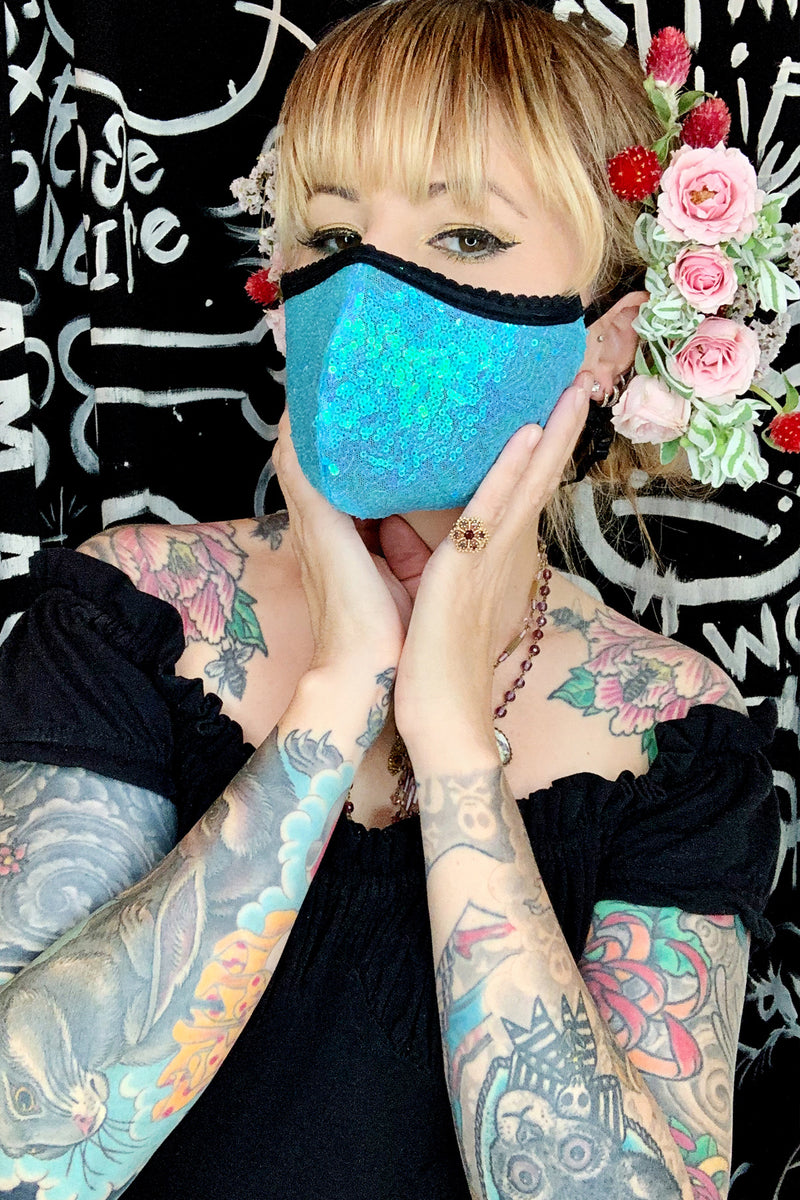 baby blue sequin face mask by Jessica Louise