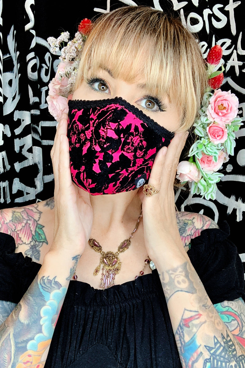 Pink flocked rose face mask- jessica louise